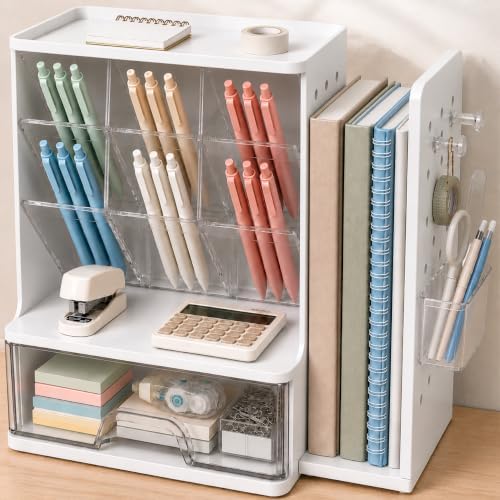 Sooez Desk Organizer with Bookends, Pegboard & Drawer, Pen & Pencil Holder by Sooez