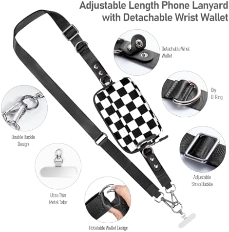 Tiostep Clip and Go Strap for Phone with Wallet Crossbody Phone Lanyard Adjustable and Detachable RFID Wristlet Wallet (Black White Checkered, Medium) - Image 2