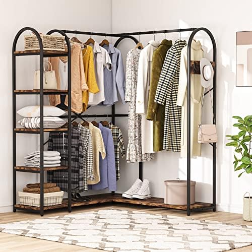 Tribesigns L-Shaped Garment Rack with Shelves, Heavy Duty Corner Clothes Rack with Coat Hooks, Anti-toppling Device, Cloth Hanger Standing Clothing Racks for Hanging Clothes, Rustic Brown by Tribesigns