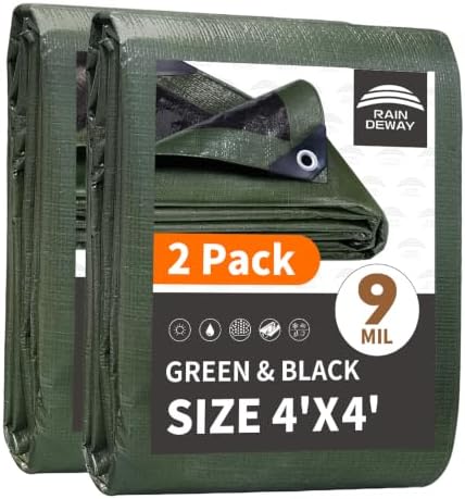 RAINDEWAY Small Tarps 4x4 Feet(2 Pack),9Mil Green/Black Tarp Waterproof by RAINDEWAY