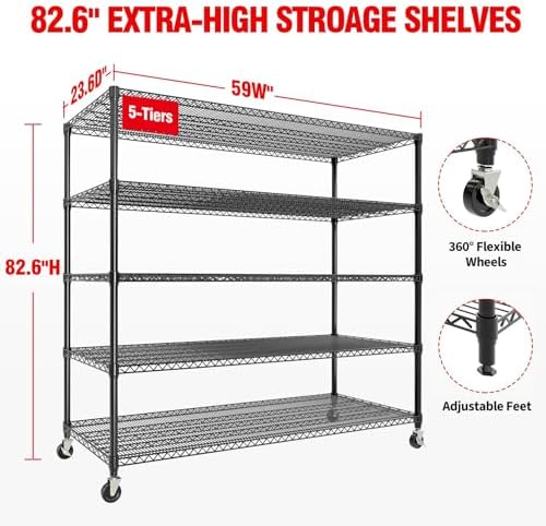 TrailBlaze Heavy Duty Metal Wire Shelving Rack for Food Service - 5-Tier, 3300lbs Capacity, Adjustable Storage with Wheels, Commercial & Industrial Use, Garage, Kitchen, Pantry, 82.6" H x 59" W - 5 - Image 2