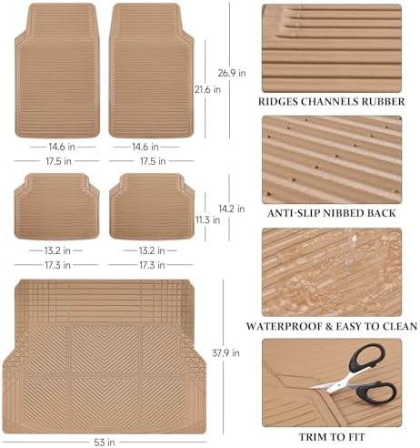 CAR PASS Tan Rubber Car Floor Mats & Cargo Liners, All Weather Car Mats & Trunk Mats,Waterproof Automotive Floor Mats Trim to Fit for Most Cars Sedans SUVs Vans, Durable Heavy Duty Anti-Slip,Beige - Image 3