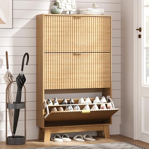 HUANLEGO Shoe Cabinet Storage for Entryway with 3 Flip Drawers, Fluted Narrow Shoe Organizer with Wooden Legs, Freestanding Slim Shoe Storage Hidden Shoe Rack Organizer for Front Door Entrance, Oak by HUANLEGO