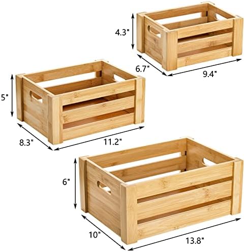 Lawei Set of 3 Bamboo Nesting Crates with Handles, Rustic Decorative Storage Container Box, Crate Box for Display, Farmhouse Bamboo Basket Bins for Fruit, Vegetable, Kitchen, Office, Bedroom, Closet - Image 2