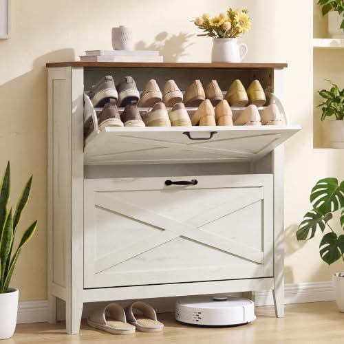 VASAGLE Farmhouse Shoe Cabinet, Narrow Storage Organizer, 2 Flip Drawers by VASAGLEbySONGMICSHOME