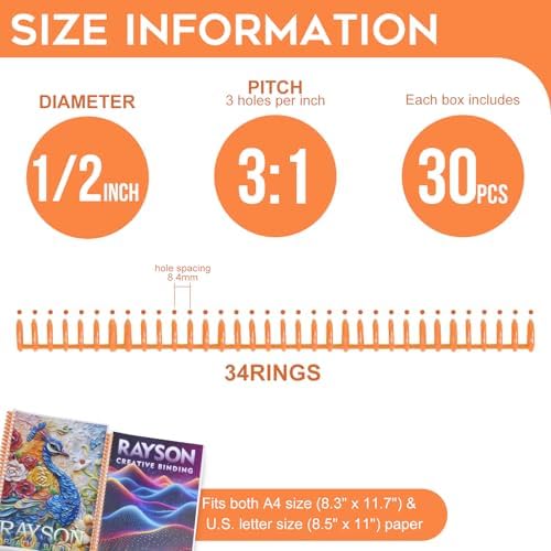 Rayson PROC1230OR Click Binding Spines, 3:1 Pitch, 1/2" Diameter, 90 Sheets Binding Capacity, Orange, 30/Box - Image 2
