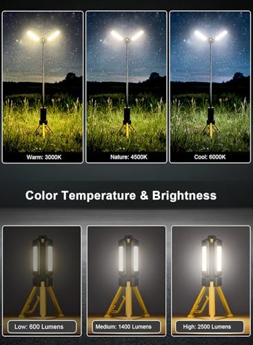 15000mAh Rechargeable Telescopic Camping Light, Portable Flashlight & Lantern with Reinforced Tripod Base, Height Adjustable Dimmable Tent Light, Power Bank for Outdoor BBQ, Hiking, Job Site, Yellow - Image 4