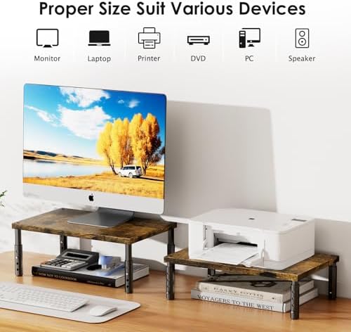 ECOLOVI Adjustable Wood Computer Monitor Stand Riser, Office Desk Organizer and Accessories for Monitor, Laptop, PC, Printer, Office Desk Accessories Workspace Organizer for Home Office Supplies, Brown - Image 6