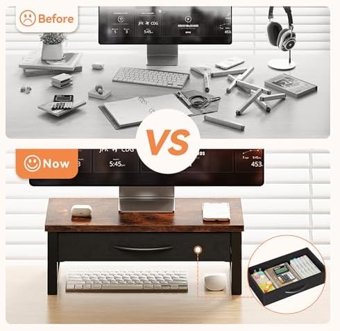 Computer Monitor Stand Riser with Drawer, 2-Tier Desk Accessories & Workspace Organizers, Laptop Stand for Desk with Storage, Office Organization, Wood - Image 3