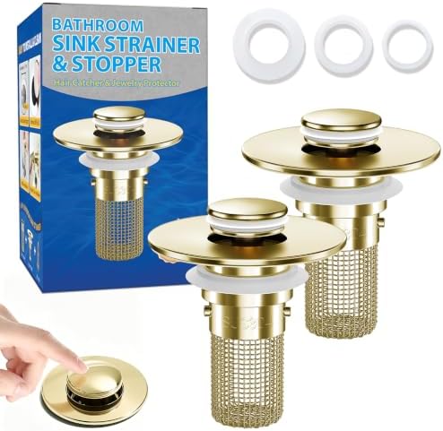 Bathroom Sink Drain Strainer, Pop-Up Bathroom Sink Stopper with Removable Stainless Steel Hair Catcher Basket, Universal Fit for US Bathroom Sinks, Showers & Floor Drains (2pcs-Gold) by YourSimplifiedHome