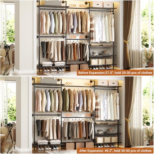 Aheaplus Industrial Pipe Clothing Rack, Expandable Garment Rack, Closet System with Wood Shelves for Hanging,Wall Mounted Clothing Rack, Adjustable Storage Wardrobe for Walk in Closets, Black Oak - Image 2