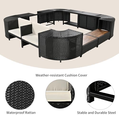 Outdoor Spa Surround Sofa Set Rattan Sectional Hot Tub Frame with Cushioned & Wooden Seats, Storage Cabinets & Table Surfaces for 74" Portable Spa, All-Weather Quadrilateral Hot Tub Surround, Beige - Image 3