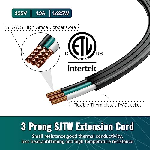 Elecan Flat Plug Extension Cord 3 Ft 2 Pack with Slim Space-Saving Plug Design, Thin Flat Cable Low Profile Power Cord 3 Prong Grounded Wire, 16 Gauge 13 A/125 V-Black-ETL Certified - Image 5