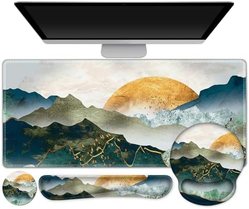 Gaming Mouse Pad, Large Desk Mat, Cute Desk Pad Protector, 4in1 XXL Mousepad +Keyboard Wrist Rest+Mouse Wrist Rest+Coaster Set with Ergonomic Desk Pad for Home Office Table Computer Green Mountain by ToLuLu