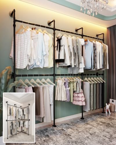 Industrial Pipe Garment Rack 106.3" L-Shaped Wall-Mounted Closet System by TENEYU