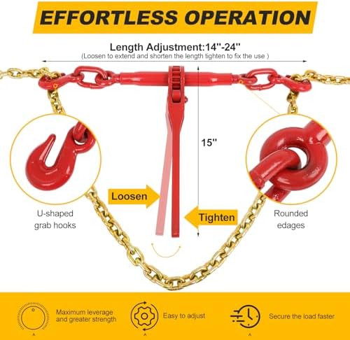 3/8" to 1/2" Ratchet Chain Binder 9200LBS with G80 3/8" X 10FT Binder Chain 5400LBS,with Grappling Hook,for Tie Down Heavy Loads to a Truck or Flatbed Trailer (2 Set) - Image 3