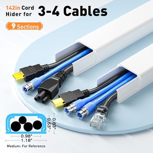Delamu Cord Hider, 142in Cable Hider, Cord Covers for 3-4 Wires on Wall, Wire Covers for Cords, Wire Hiders for TV on Wall, Easier Setup Cable Cover Cable Management, W1.18 H0.63in, White - Image 2