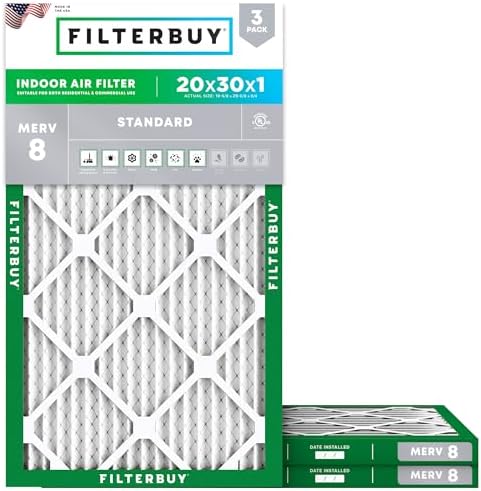 Filterbuy 20x30x1 Air Filter MERV 8 Dust & Allergy Defense (3-Pack) by Filterbuy