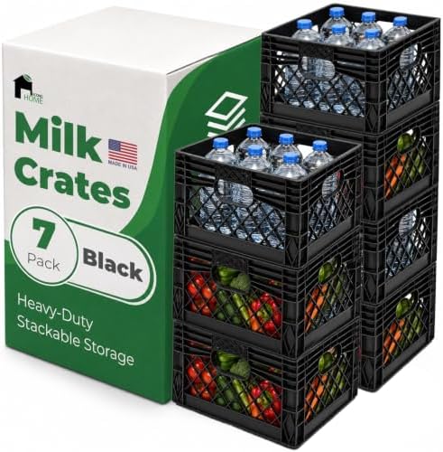 EconoHome Milk Crate - Stackable Storage Crate with Built-In Handles - Heavy Duty Plastic Material - Ventilated Organizer Bin for Garage, Pantry, Classroom, Office & Moving - Black, 13x13x11, 7-Pack by EconoHome