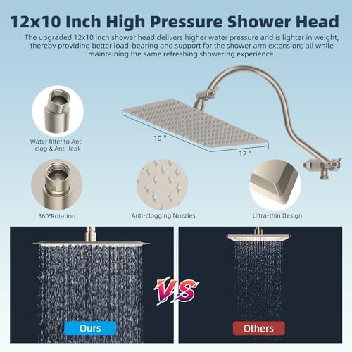 Hibbent All Metal 12'' Filtered Rainfall Shower Head Combo, High Pressure Handheld Shower Head with 12'' Adjustable Curved Extension Arm, 20 Stage Shower Filter, 10-spray, 71'' Hose, Brushed Nickel - Image 6