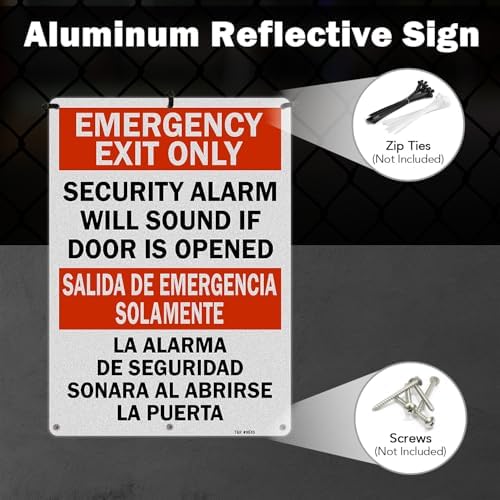 T&R Large Emergency Exit Only Bilingual Sign Security Alarm Will Sound If Door Is Opened - 1 Pack - 14 x 10 Inches Rust Free .040 Aluminum Reflective - UV Protected, Waterproof, Weatherproof and Fade Resistant - 6 Pre-drilled Holes - Image 5