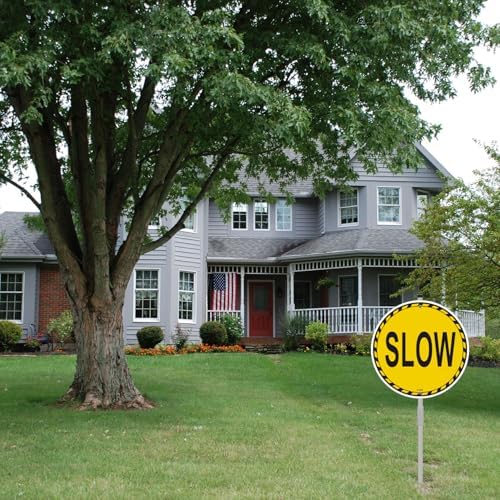 Slow Sign Children At Play 10" x 10" With 28" Long Metal Stakes Road Kids Dogs Playing Please Slow Street Safety Signal Stand Aluminum Outdoor Use Yard Business Home - Image 4
