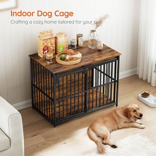 HOOBRO Dog Crate Furniture, 36.6" Heavy Duty Dog Kennel with Sliding Barn Door, Wooden Dog Cage Indoor, Decorative Side End Table for Small/Medium Dogs, Rustic Brown and Black FG162GW03G1 - Image 4