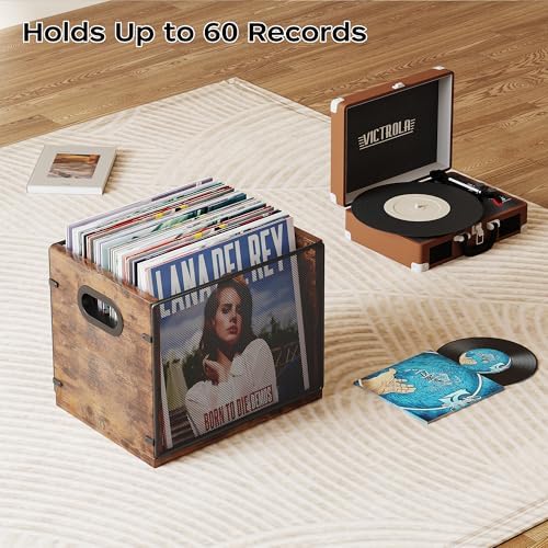 Homeiju Wooden & Metal Record Crate - Vinyl Album Holder & Organizer, Holds Up to 60 Records - Image 6