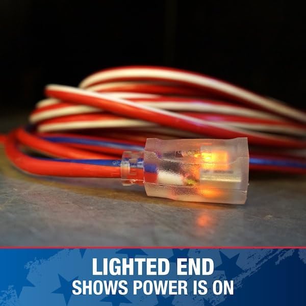 Southwire Heavy Duty Extension Cord, 50Ft, 12 Gauge, 3 Conductor, Outdoor Cord, Lighted End, SJTW, Red/White/Blue, 2548SWUSA1 - Image 5