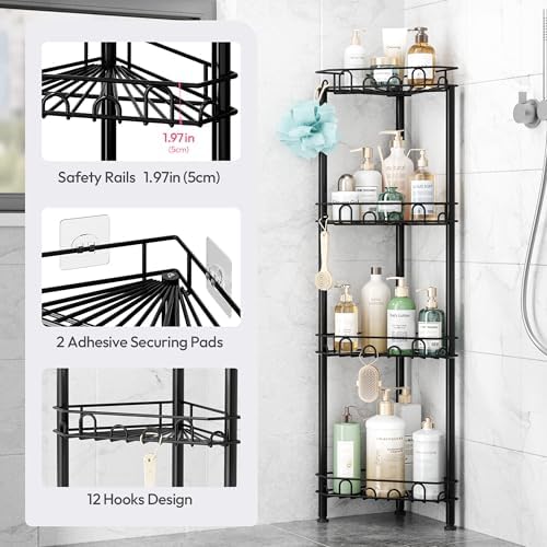 SWTYMIKI Standing Shower Caddy Corner - 4‑Tier Stainless Steel Shower Organizer Shelf with 16 Hooks and Adhesive Pads, Rustproof Corner Shelves Stand Rack for Bathroom Shower Room, Black - Image 4