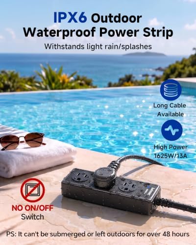 Outdoor Power Strip Weatherproof, 5FT Extension Cord, 3 AC Outlets - Image 3