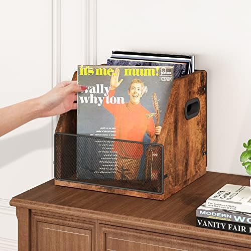 Homeiju Vinyl Record Storage, Record Box Case Crate, Vinyl Record Album Holder, Metal & Wooden LP Record Crate, Holds up to 60 Records - Image 4
