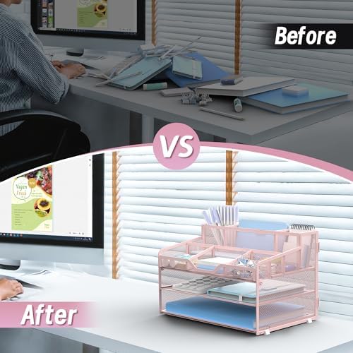 3 Tier Mesh Paper Desk Organizer with Pen Holders, Pink - Image 3