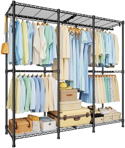 ULIFHOME E14 Heavy Duty Clothes Rack，Freestanding Clothing Racks for Hanging Clothes，Adjustable Closet Organizers and Storage，Metal Garment Rack with Shelves 58" W x16 D x77 H，Load 860LBS，Black by UlifHome