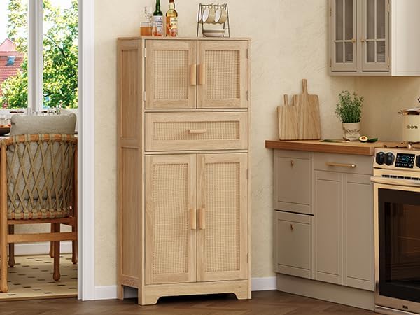 TEENFON 47.2" H Tall Storage Cabinet with Adjustable Shelf, Rattan Cabinet, Cupboard for Living Room, Dining Room, Entryway, Home Office, Natural - Image 5