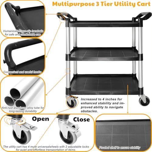 Utility Carts with Wheels, Large Size 3 Tier Rolling Cart with Lockable Wheels, Heavy Duty 600lbs Capacity Food Service Cart for Restaurant, Kitchen, Home, Warehouse, Office - Image 3