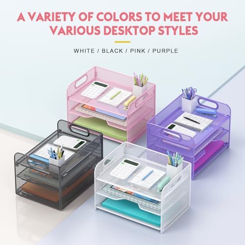 Samstar 3 Tier Pink Letter Tray Paper Organizer with Handle, Mesh Desk Organizer Paper Sorter File Rack Shelves, Pink - Image 6