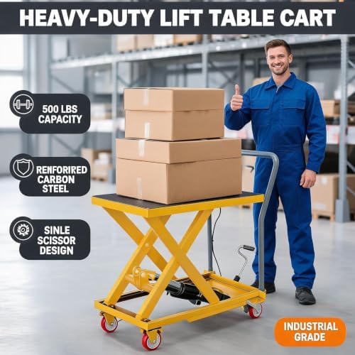 500 LBS Manual Hydraulic Double Scissor Lift Table Cart, Max 28.5 Inch Lifting Height, Reinforced Welded Steel Frame, Anti-Overload Hydraulic Unit, Non-Slip Rubber Platform Mat - Image 2