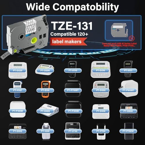 TZE-131 Compatible for Brother Clear Label Maker Tape 12mm 0.47 Laminated Replacement for TZ TZE TZE131 1/2" 8m Tape for P-Touch PT-D220 PTD220 PT-D210 PT-H110 PT-D200 PT-D400 Black on Clear (6 Packs) - Image 2