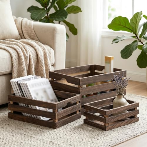 3 Pack Nesting Wooden Crates for Display Decorative Boxes, Decorative Farmhouse Rustic Wood Basket with Handles, Vintage Wood Box Display Risers for Home, Kitchen Pantry Cabinet, Shelf, Counter - Image 3