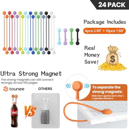 Tounee Reusable Silicone Magnetic Cable Ties - 2 Sizes Combo (4pcs 2.56'' + 20pcs 7.16'') - Multi-Purpose for Cable Bundling, Organizing, Bookmarks & Fridge Magnets - Assorted Colors, Pack of 24 - Image 5