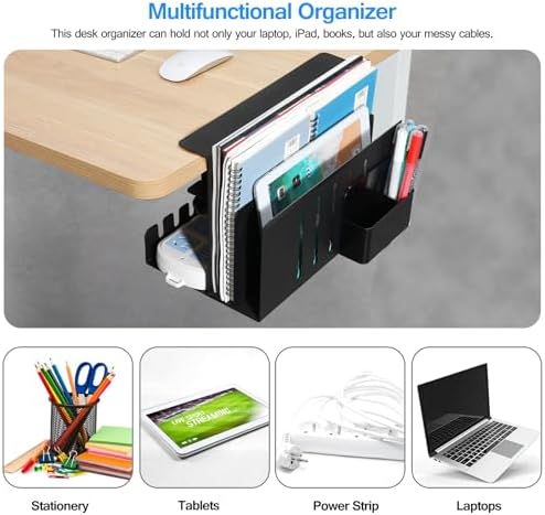 MAXECHO Desk Side Storage, Under Desk Laptop Mount, Table Side Hanging File Organizer, No Drill Clamp On Cable Management Tray, Laptop Holder with Magnetic Pen Holder for Office and Home, Load 22 Lbs - Image 3