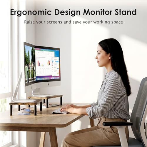 ECOLOVI Adjustable Wood Computer Monitor Stand Riser, Office Desk Organizer and Accessories for Monitor, Laptop, PC, Printer, Office Desk Accessories Workspace Organizer for Home Office Supplies, Brown - Image 7