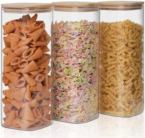 Glass Food Storage Jars 76 oz Set of 3,Glass Storage Containers Clear Glass Food Canister with Bamboo Lid Airtight For Serving Tea, Coffee, Flour, Sugar, Candy, Cookie, Spice and More (Square) by Liuruiyu