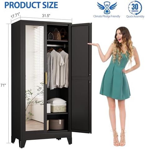 GAIOUS Metal Wardrobe Cabinet with Mirror and Hanging Rod, 71" Black - Image 2