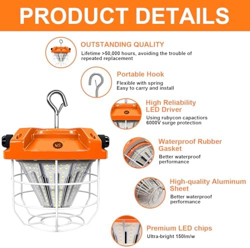 NS LED Temporary Work Light 100W 15000LM 5000K Daylight White, Portable Hanging Construction Light with Hook, Linkable High Bay Job Site Lighting, IP65 Waterproof for Indoor Outdoor Workshop Area - Image 2
