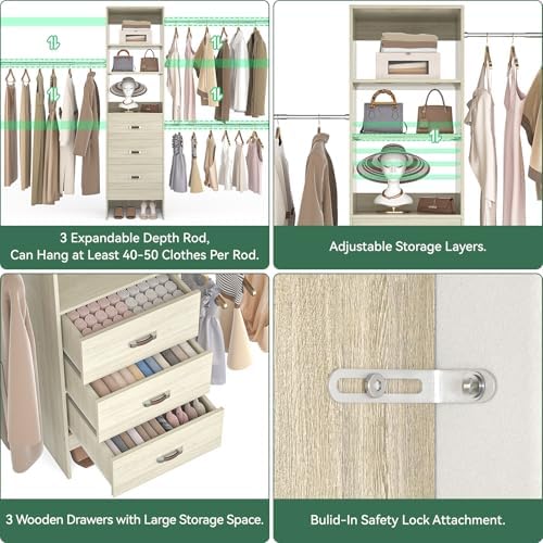 Besiost 96'' Closet Organizer System with 3 Hanging Rods, 8FT Closet Organizers and Storage with 3 Wooden Drawers, Built in Closet Organizer Systems, Adjustable Walk-in Wardrobe from 2-8FT, White Oak - Image 5