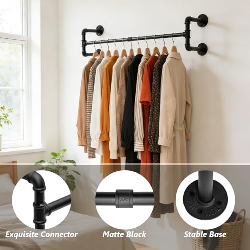 Industrial Pipe Clothing Rack, 32.6 Inch Wall Mounted Garment Rack, Space-Saving Heavy Duty Hanging Closet Rod, Detachable Iron Hanger for Closet and Laundry Room, 4 Bases - Image 2