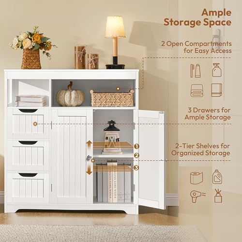 Yaheetech Small Bathroom Storage Cabinet with 3 Drawers & 2 Doors, White - Image 6