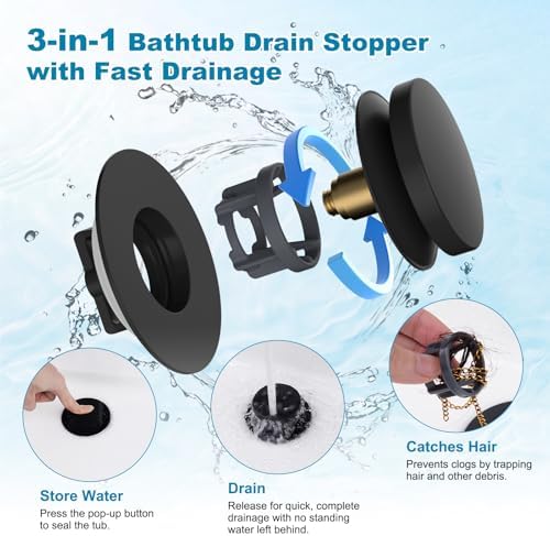 Hibbent 3 in 1 Metal Bathtub Drain Stopper, Universal Pop Up Tub Stopper - Image 2